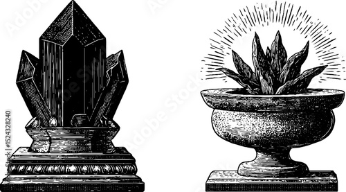 Intricate engraved obsidian crystal and radiant decorative element design set