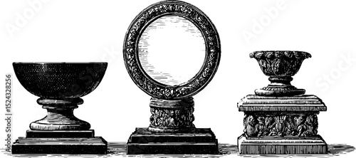 Vintage engraved obsidian mirror and decorative frames for elegant interior design