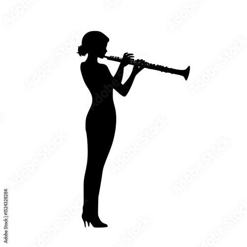a black silhouette of a woman playing the flute black, flute, girl, play, silhouette, woman , Generative art.
