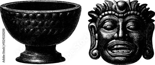 Engraved illustration set of obsidian tools and artifacts for historical design