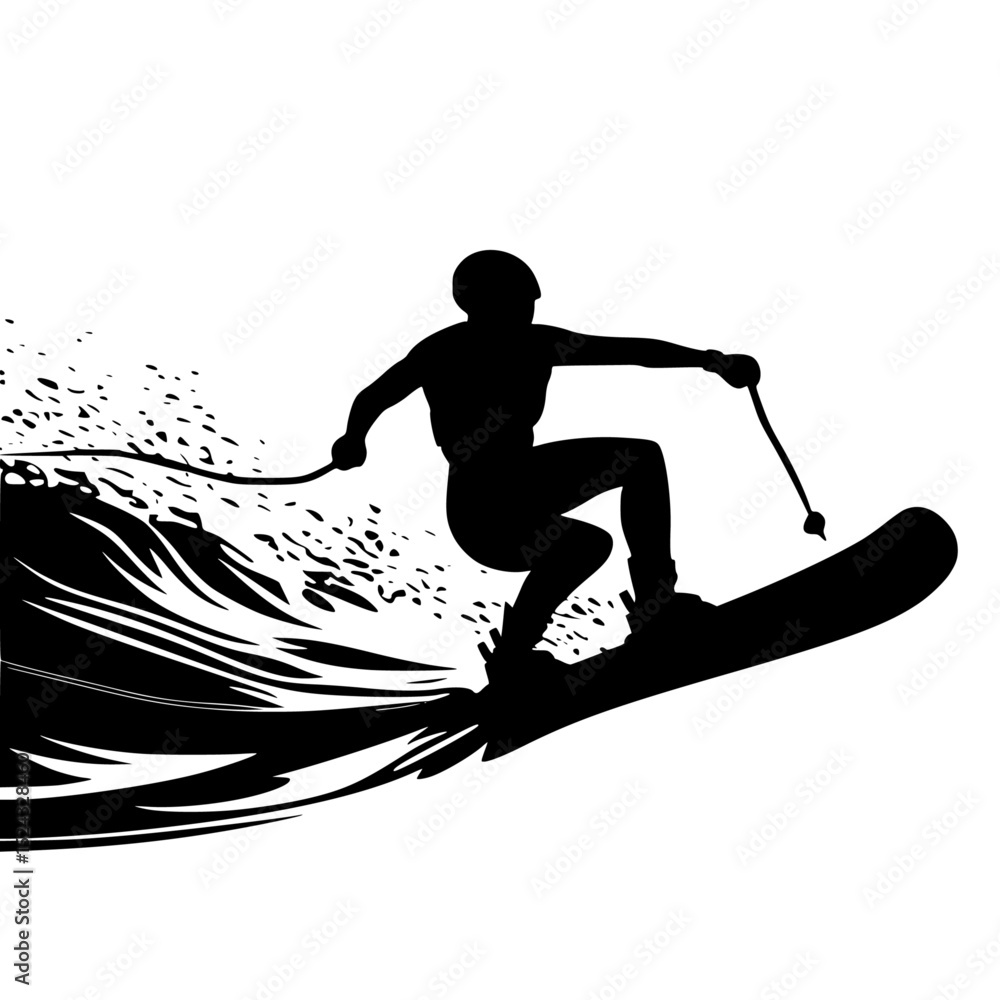 Fototapeta premium black silhouette of a man on a surf board black, man, ride, silhouette, wave , Generative art.