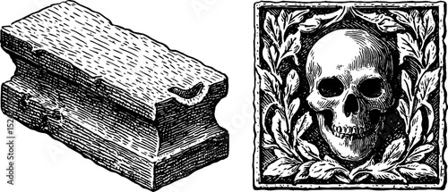 Engraved illustration of ossuary box and skull with leaf motif