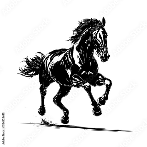 a black and white silhouette of a galloping horse black, horse, run, silhouette , Generative art.