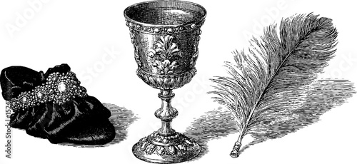 Vintage engraved illustration of pearl encrusted goblet, bag, and feather for elegant decor