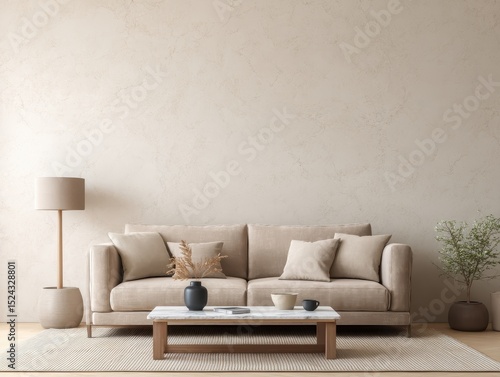 Minimalist living room with beige sofa, coffee table, floor lamp, and plants against a textured beige wall