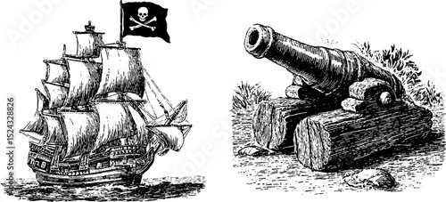 Vintage nautical theme with engraved pirate ship and cannon for historical design