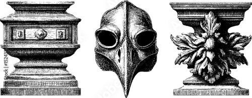 Historical plague memorial engravings with gothic bird mask elements