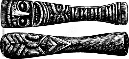 Polynesian war club engraved illustration set for cultural design and art projects