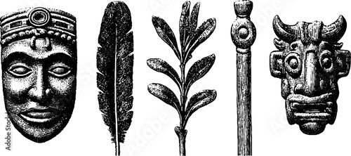 Engraved illustration set of pre-columbian artifacts and wooden carvings for cultural design