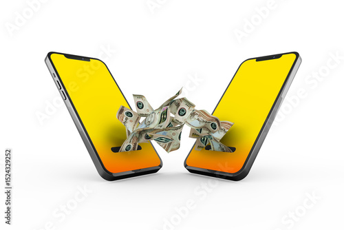 Transferring United Arab Emirates Dirham  notes from one phone to another.  mobile money transaction concept. money coming out of mobile phone with yellow screen isolated on transparent background