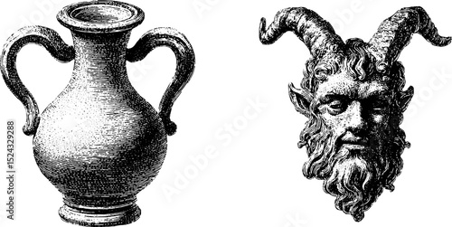 Engraved vintage illustration of ram-horned jug and mythical creature