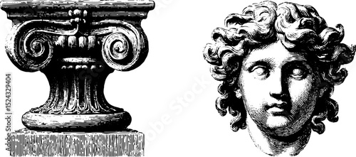 Renaissance engraved illustration set featuring classical architecture and artistic sculptures