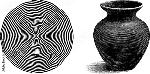 Artistic engraved illustration of ripple patterned jug and abstract circle design