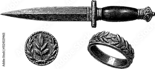Engraved roman gladiator dagger and laurel wreath set for historical designs