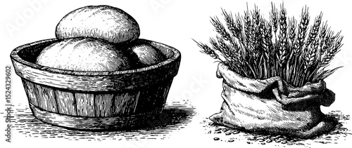 Rustic country bread and wheat vintage engraving for bakery or kitchen decor