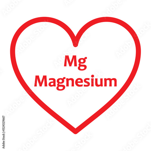 Magnesium Mg symbol inside of a red heart isolated on white background, vector illustration icon flat outline design. Healt care concept sign. Magnesium supplement b6 vitamin food Mg potassium.