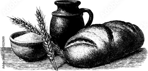 Rustic bread and wheat engraving illustration with rustic pottery