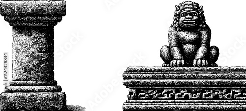 Engraved illustration set of sandstone pillar and lion sculpture for historic design
