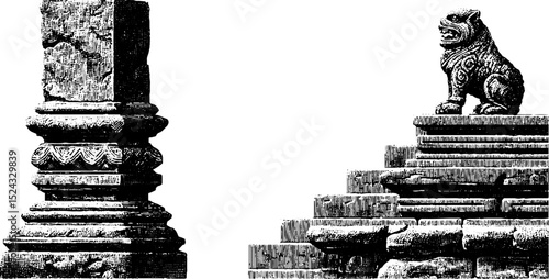 Engraved sandstone pillar and decorative sculpture in ancient architectural design