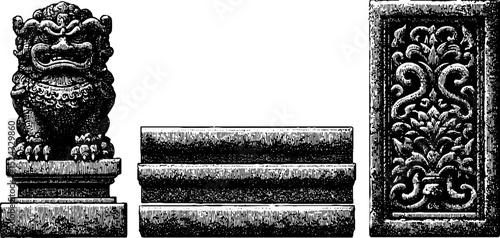 Engraved illustration of sandstone pillar and ornate sculpture design for historical architecture