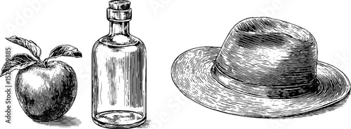 Engraved illustration set featuring schnapps bottle, apple, and hat