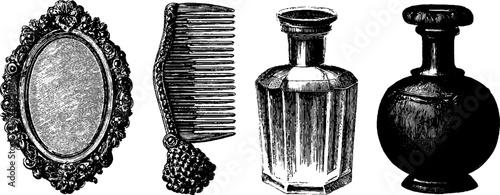 Vintage engraved set featuring sapphire mirror, antique comb, perfume bottle