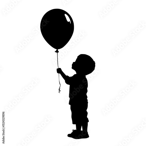 a black silhouette of a little boy holding a balloon balloon, black, boy, child, hold, little, silhouette, small , Generative art.