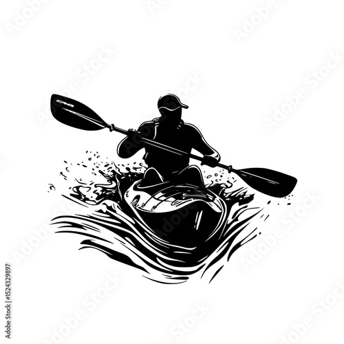 a black silhouette of a man riding a kayak on a river or wave black, boat, canoe, kayak, man, person, ride, river, silhouette, water, wave , Generative art.