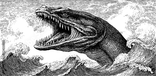 Engraved illustration of sea serpent amidst ocean waves - nautical and mythological design