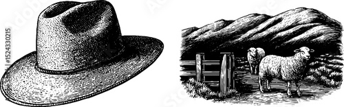 Engraved illustration set featuring sheepdog herding scene and traditional hat design
