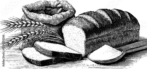 Vintage engraving of sliced bread and sack with wheat for bakery design