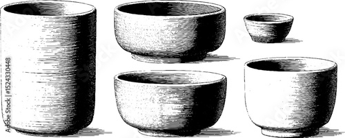 Engraved illustration of stackable cylinders set for design projects