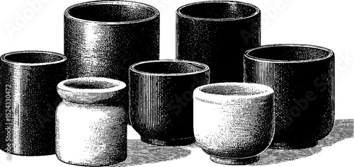 Vintage engraved illustration of stackable cylinders for artistic design and decor concepts