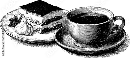Engraved illustration of tiramisu slice and coffee for culinary design projects