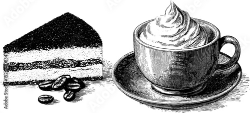 Vintage coffee and tiramisu set - engraved dessert illustration for cafe decor and menu design