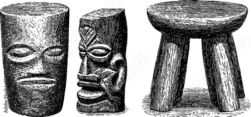 Intricate engraved illustrations of tribal stone drums and artifacts for cultural design