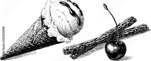 Engraved vanilla ice cream cone with cherry and vanilla bean illustration for vintage design