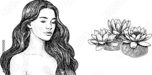 Engraved water nymph with flowing hair and lotus flowers - mythical art for design and decor