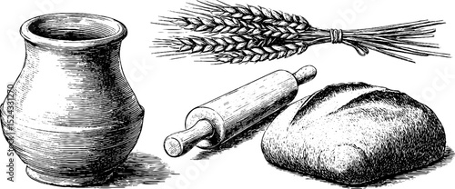 Vintage engraved illustration of wheat bundle, bread, rolling pin, and ceramic vase for rustic design
