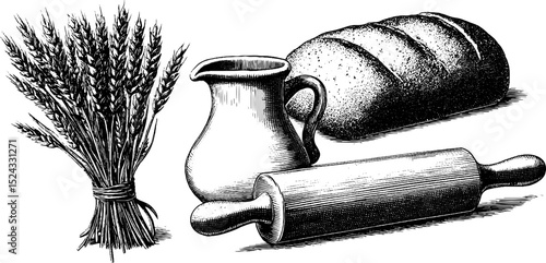 Vintage engraved illustration of wheat bundle, bread, jug, and rolling pin for culinary design