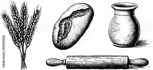 Vintage engraving set featuring wheat bundle, bread, pottery, and rolling pin for culinary decor and design