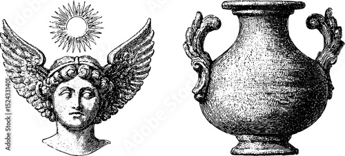 Engraved illustration of winged goddess with sun symbol and ornate amphora