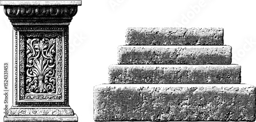 Intricate engraved illustrations of zoroastrian fire altar elements for cultural design