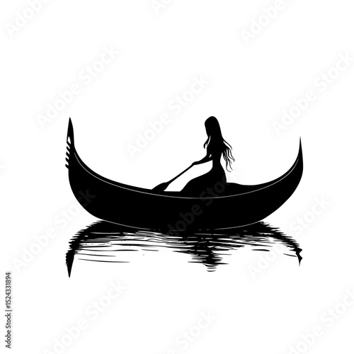 black silhouette of a young woman in a boat on the water beautiful, black, boat, canoe, girl, silhouette, water, woman, young , Generative art.