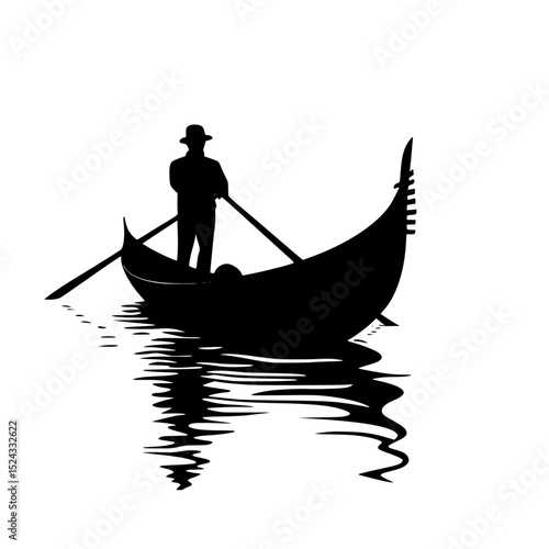black silhouette of a man standing in a boat with a reflection black, boat, gondola, man, person, reflection, silhouette, stand, water , Generative art.