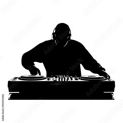 a black silhouette of a dj wearing headphones and mixing music on a turntable black, deck, dj, headphone, man, music, play, silhouette, track, wear , Generative art.