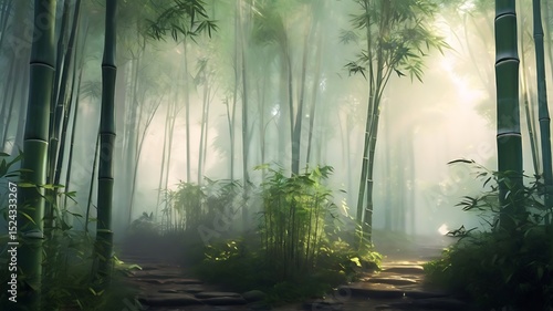 Tranquil misty bamboo forest with soft sunlight nature peaceful serene