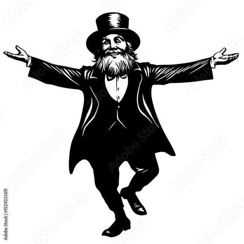 a black and white illustration of an old man in a robe and top hat with his arms outstretched arm, beard, black, hand, hat, illustration, man, old, robe, silhouette, suit , Generative art.