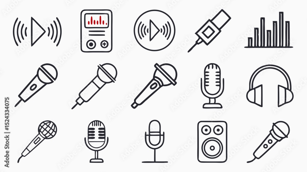 Obraz premium Audio Recording Equipment: Capturing and Mastering Sound with Line Art Illustrations of Professional Microphones and Accessories