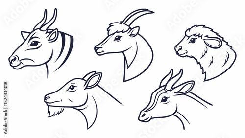 Five Detailed Black and White Line Drawings of Different Farm Animal Heads for Educational or Design Projects